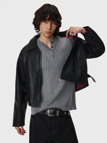 Turn-Down Collar Short PU Leather Jacket WN21395