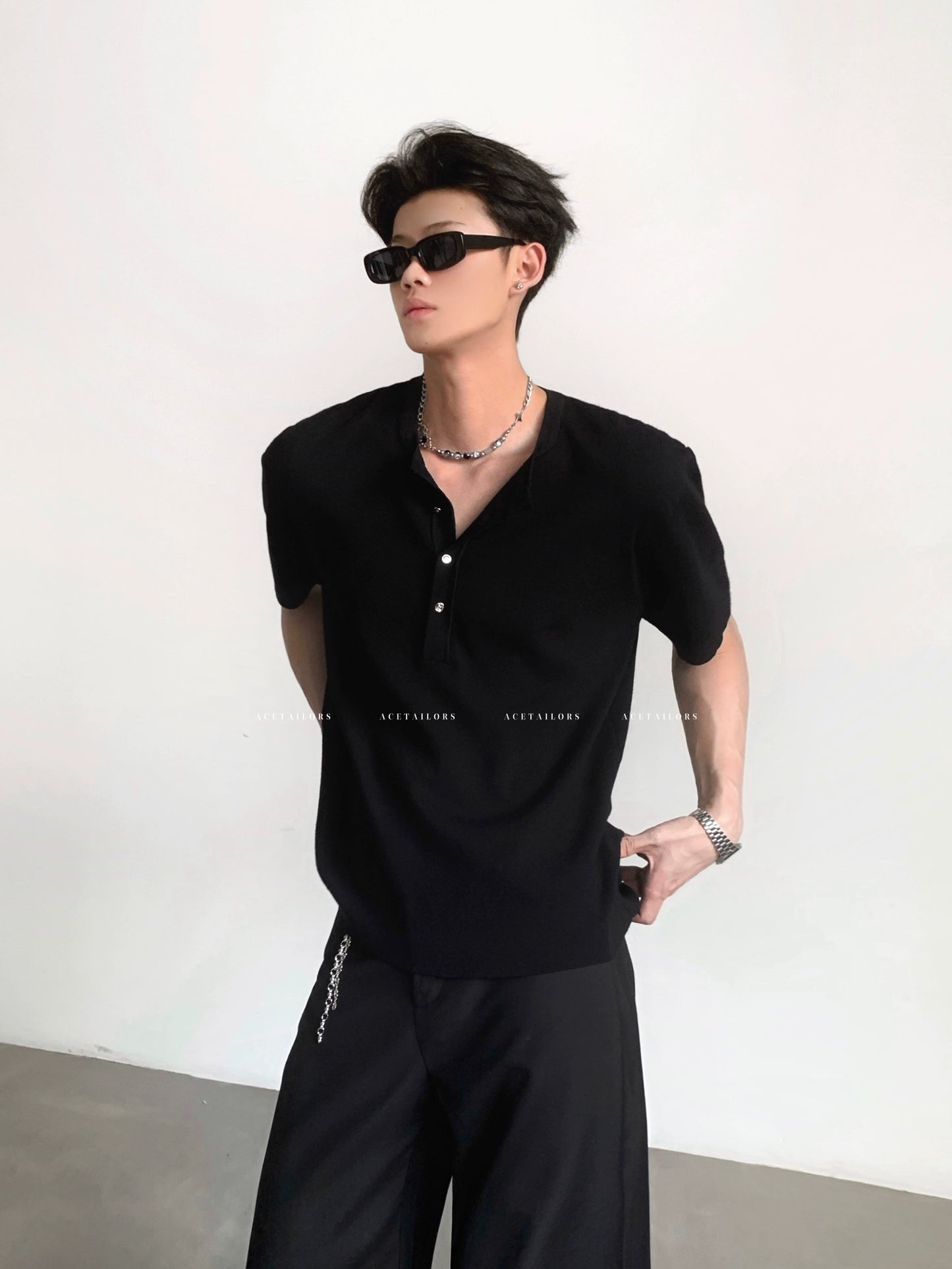 Henley Neck Knit Cleanfit Short Sleeve T-Shirt WN20075