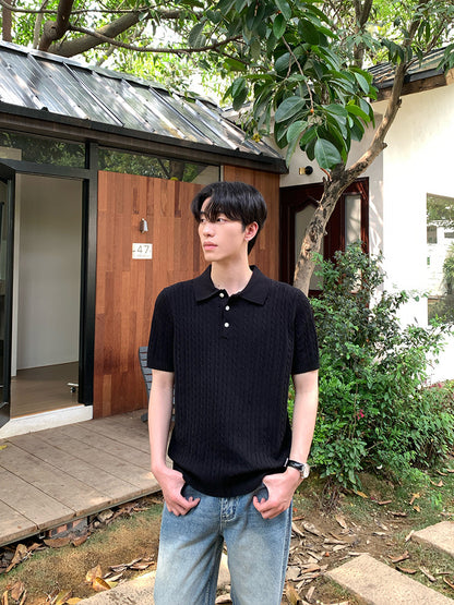 Cable-Knit Button-Placket Slim-Fit Short Sleeve Polo Shirt WN24855