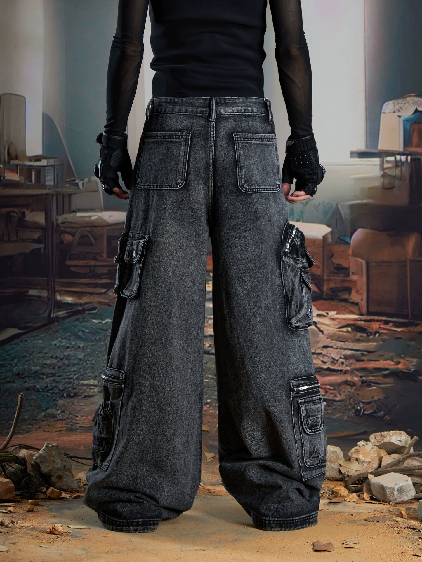 Multi-Pocket Washed Wide Leg Cargo Denim Jeans WN21341