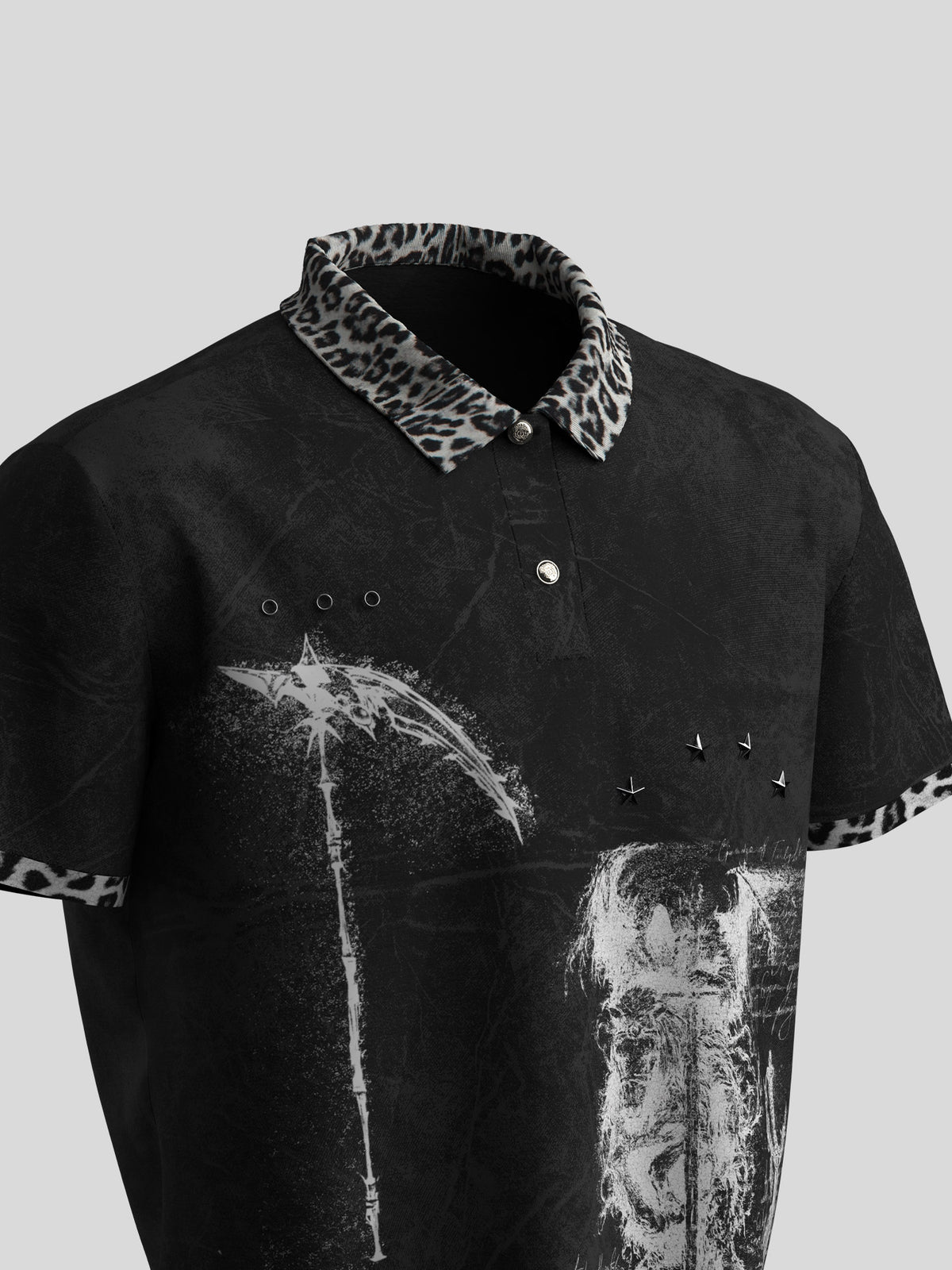 Leopard Collar Graphic Stud Short Sleeve Polo Shirt WN27152