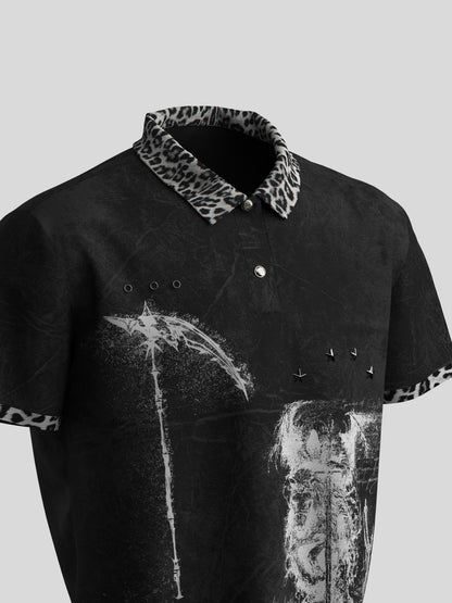 Leopard Collar Graphic Stud Short Sleeve Polo Shirt WN27152