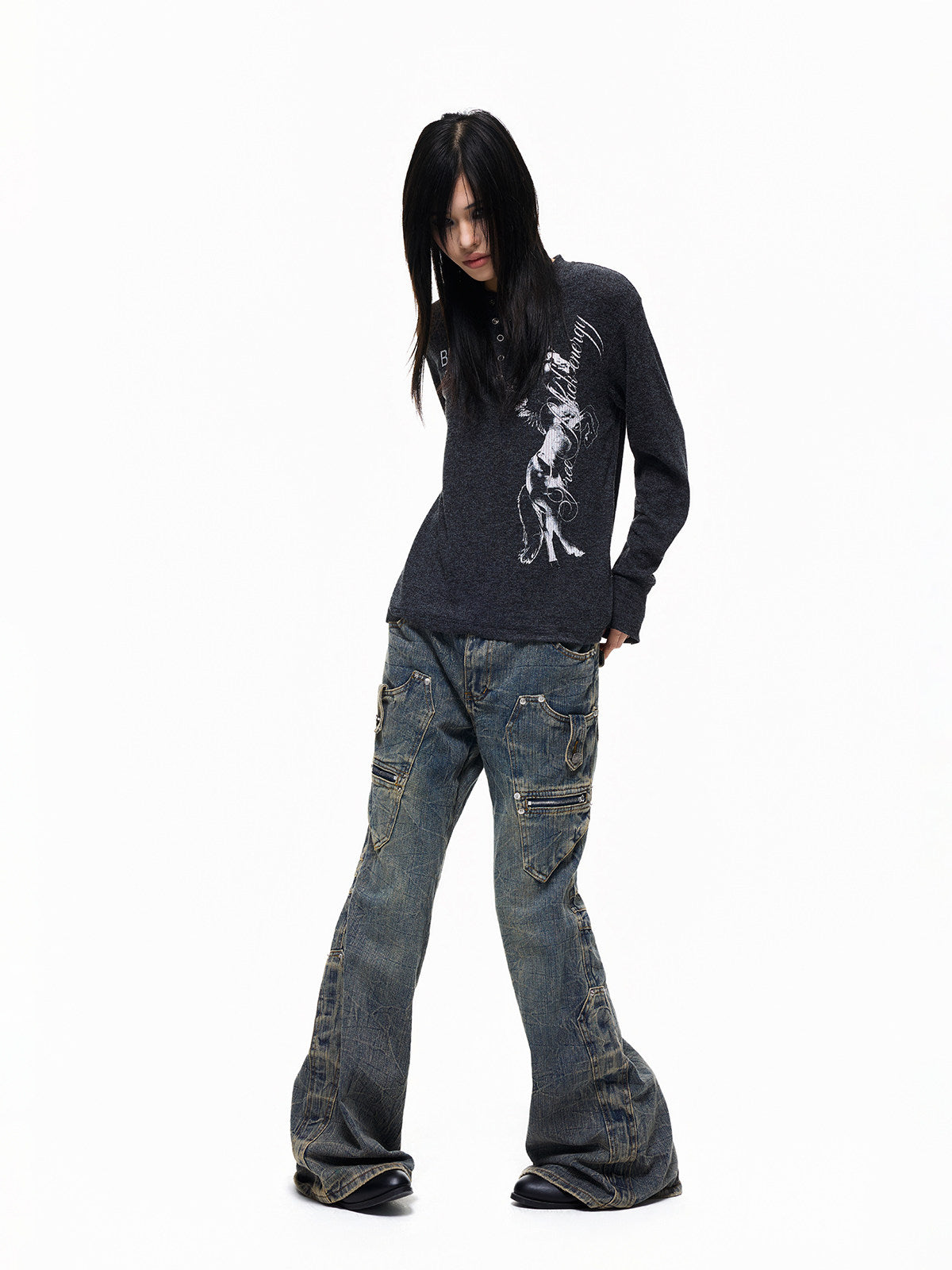 Henley Neck Horse Print Regular Shoulder Long Sleeve T-Shirt WN27329