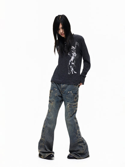 Henley Neck Horse Print Regular Shoulder Long Sleeve T-Shirt WN27329