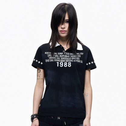 Polo Collar Washed Print Short Sleeve T-Shirt WN27283