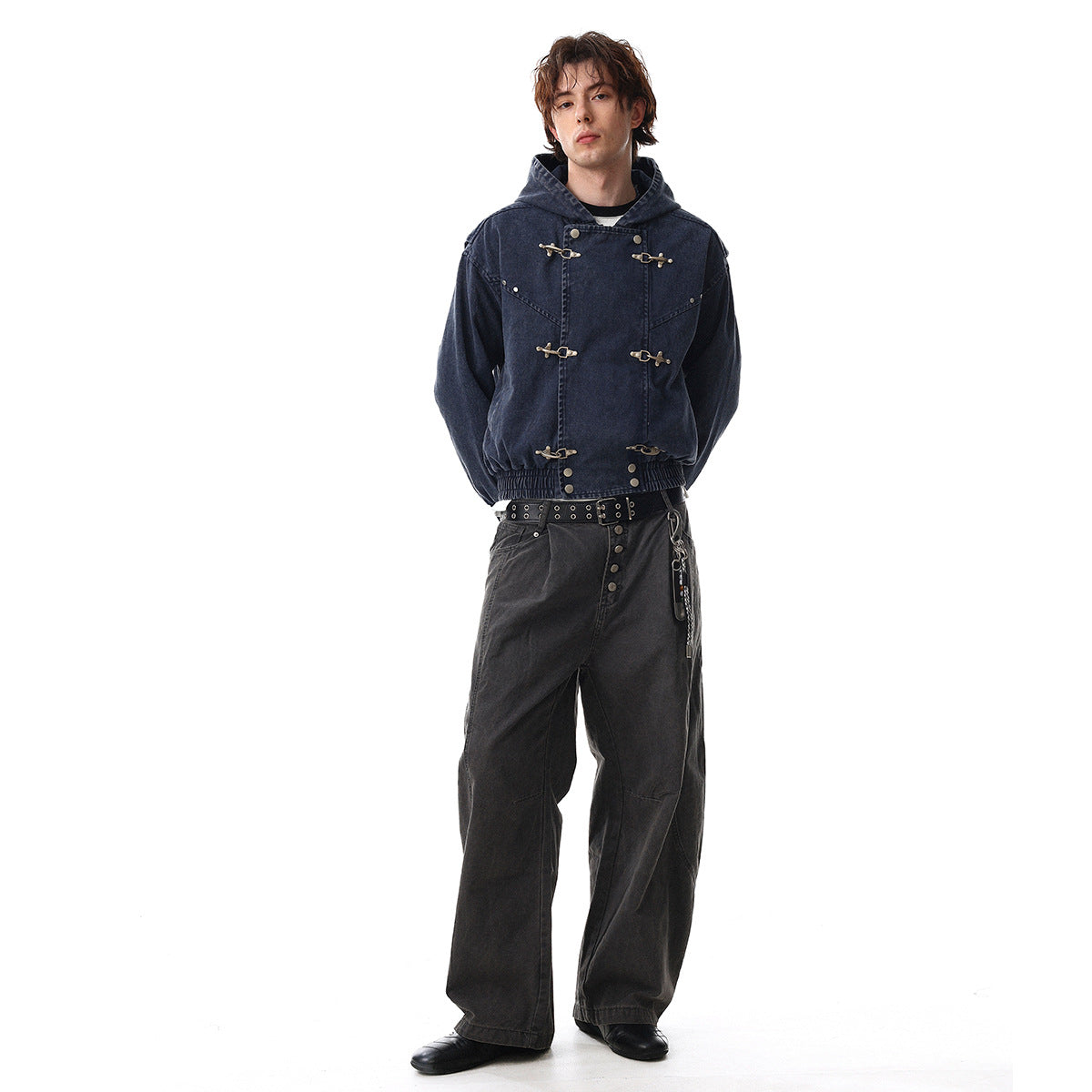 Washed Metal Buckle Hooded Denim Jacket WN23044