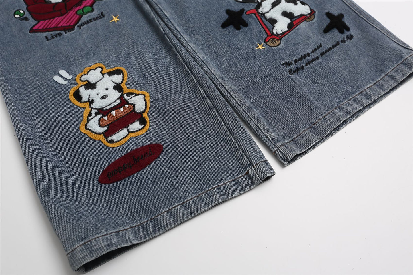 Cartoon Embroidery Wide Leg Denim Jeans WN26946