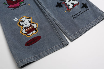Cartoon Embroidery Wide Leg Denim Jeans WN26946