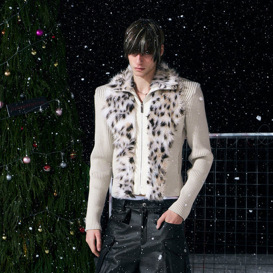 Fake Fur Stand Neck Knit Cardigan WN22716
