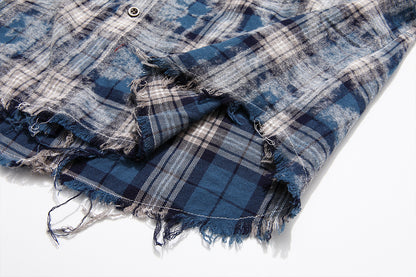 Plaid Washed Fringe Long Sleeve Shirt WN25379