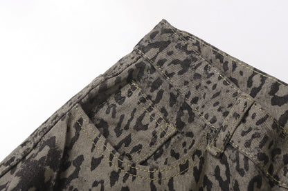 Leopard Print Curved Straight Wide Leg Denim Jeans WN25675