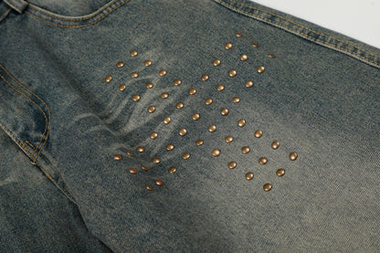 Washed Whisker Cross Studs Wide Leg Denim Jeans WN25798