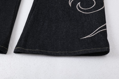Flame Embroidery Wide Leg Raw Denim Jeans WN28071