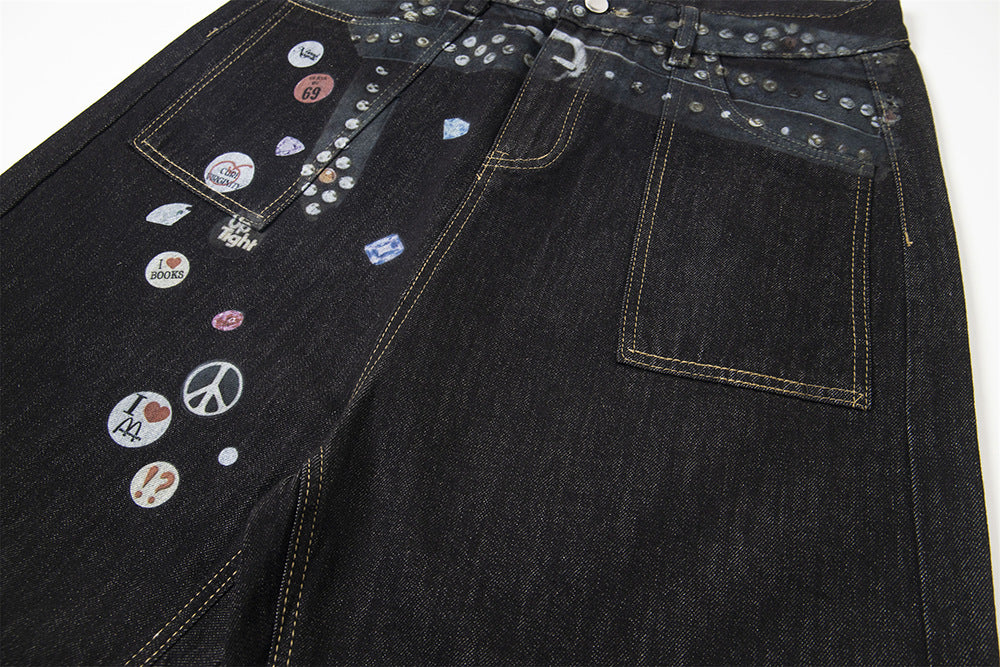 Badge Belt Print Wide Leg Half Denim Jeans WN18522