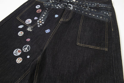 Badge Belt Print Wide Leg Half Denim Jeans WN18522