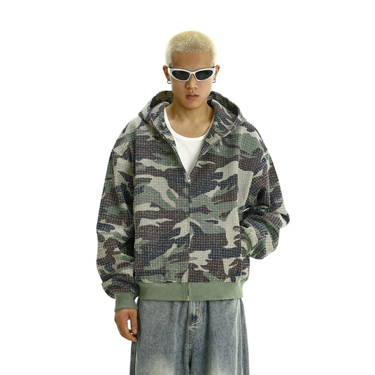 Washed Camouflage Zipper Hoodie WN9386