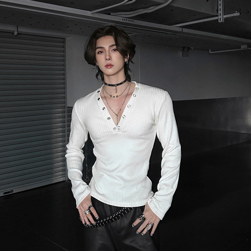 Deep V-Neck Eyelet Rib Long Sleeve T-Shirt WN25148