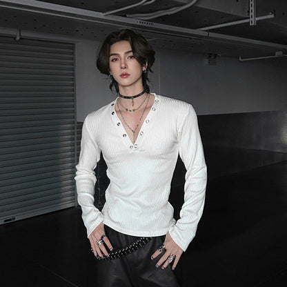 Deep V-Neck Eyelet Rib Long Sleeve T-Shirt WN25148