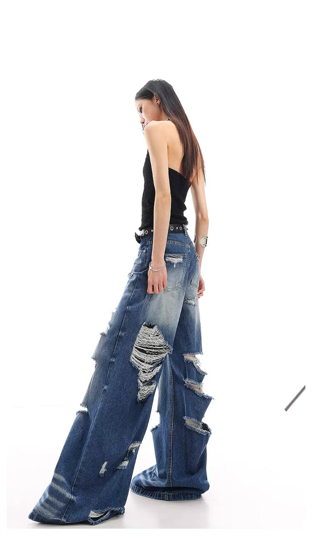 Damage Washed Wide Leg Denim Jeans WN27962