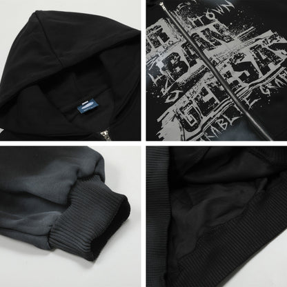 Washed Letter Print Zipper Hoodie WN15047