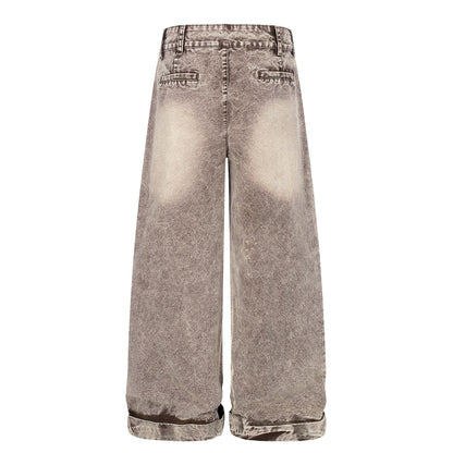 Washed Damage Wide Leg Curved Denim Jeans WN25860