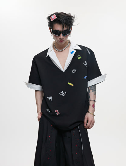 Sticker Print V-Neck Fake Layered Short Sleeve Polo T-Shirt WN18375