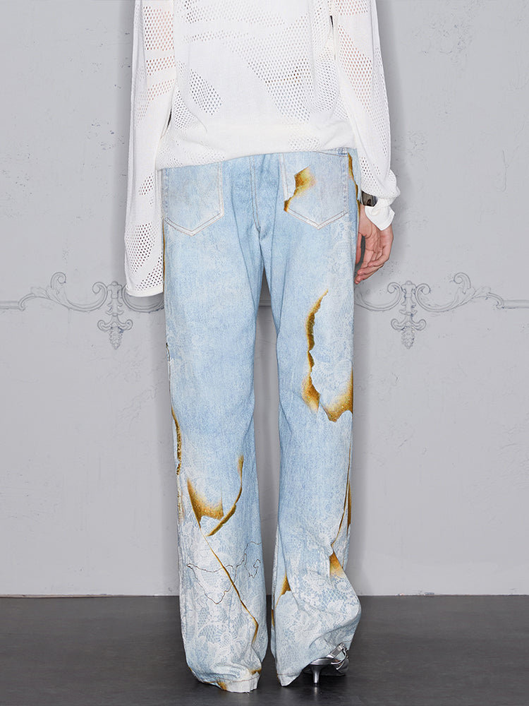 Burnout Lace Patchwork Digital 3D Print Flare Denim Jeans WN17961