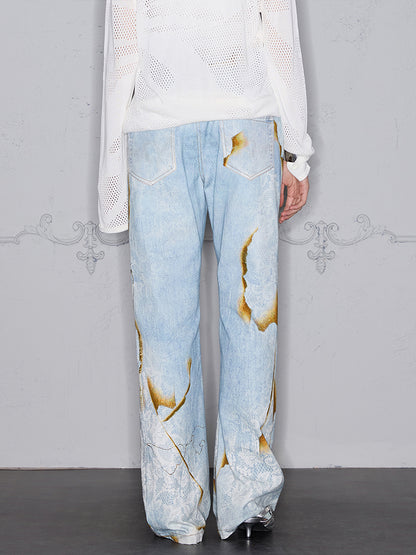 Burnout Lace Patchwork Digital 3D Print Flare Denim Jeans WN17961