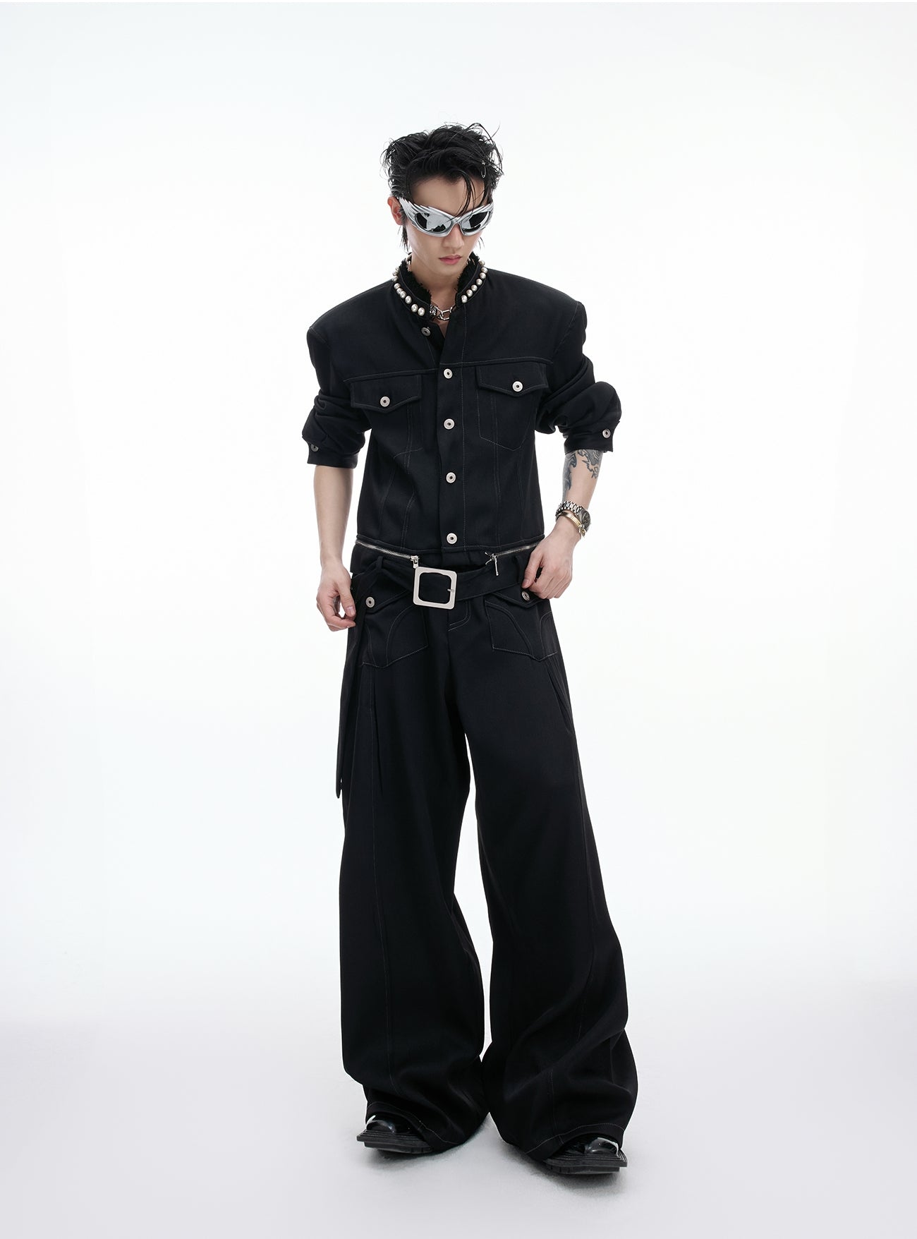 Pearl Detail Collarless Short Denim Jacket & Cargo Denim Jeans Setup WN20513