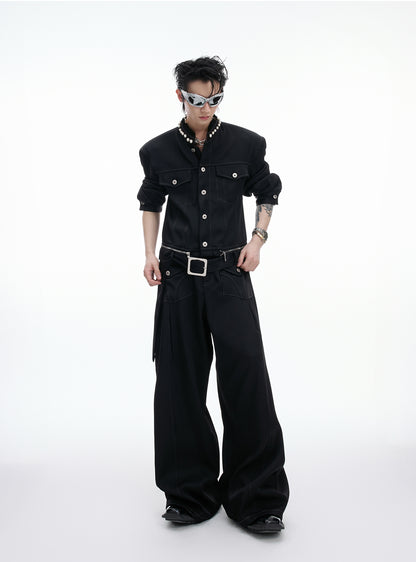 Pearl Detail Collarless Short Denim Jacket & Cargo Denim Jeans Setup WN20513