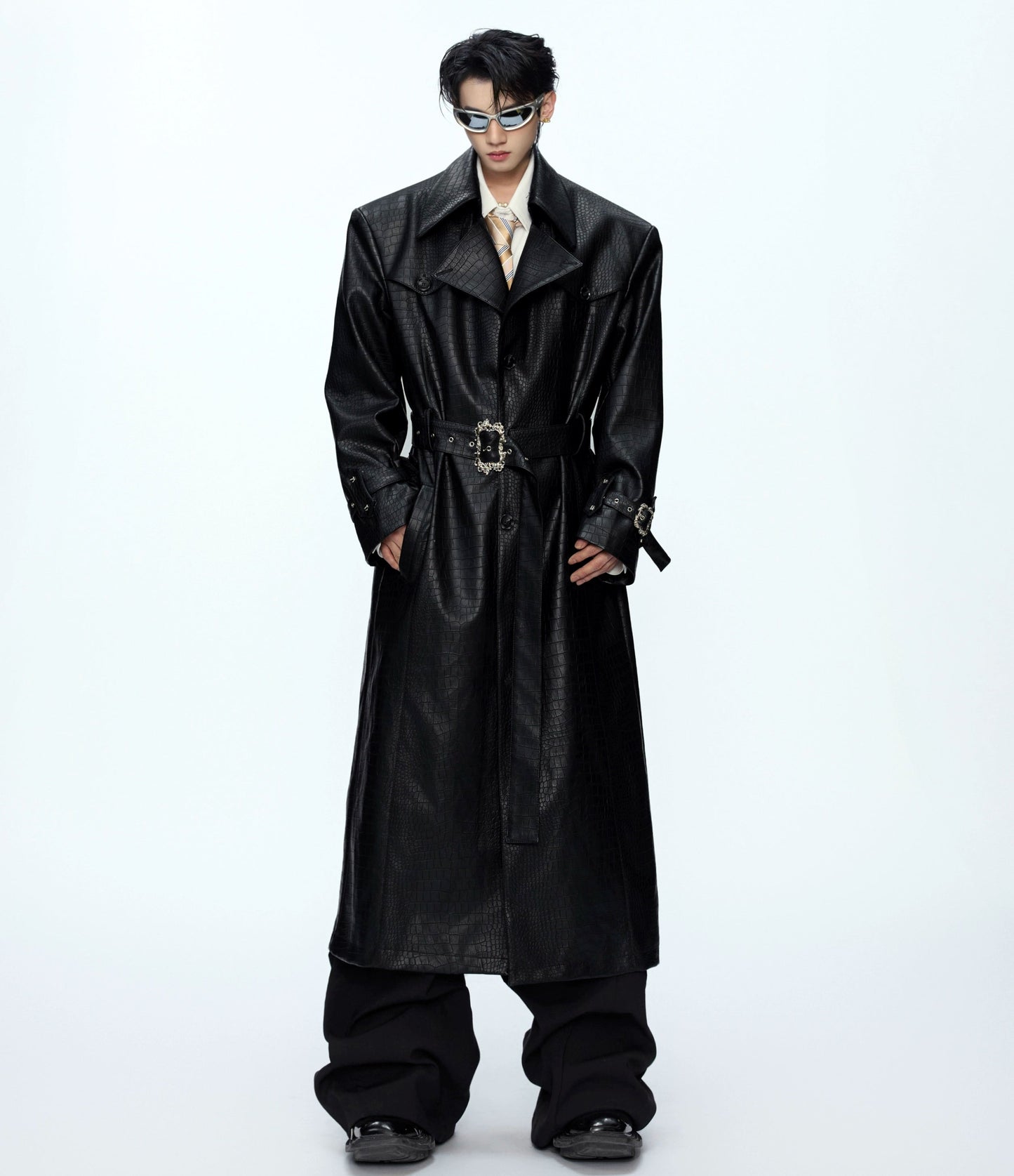 Deconstruction Crocodile-Pattern Metal Buckle Long Coat WN21230