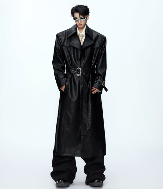 Deconstruction Crocodile-Pattern Metal Buckle Long Coat WN21230