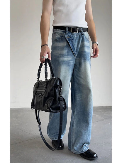 Asymmetrical Waist Washed Denim Jeans WN19329