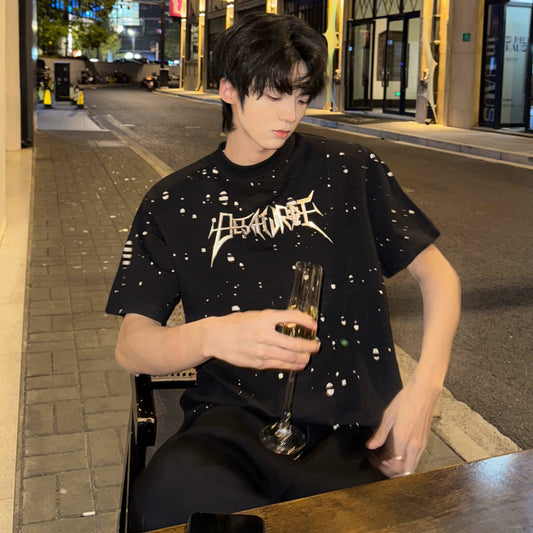 Fake Layered Damage Shoulder-Pad Heavyweight Short Sleeve T-Shirt WN20746