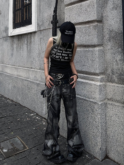 Damage Wash Zipper Wide Leg Denim Jeans WN24178