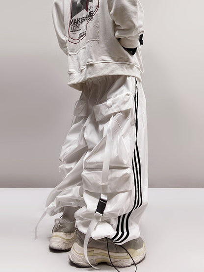 Three Stripe Multi Pocket Elastic Hem Wide Leg Cargo Pants WN24000