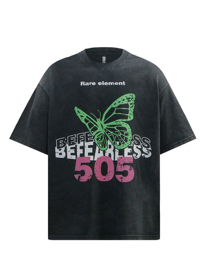 Washed Butterfly Graphic Letter Print Short Sleeve T-Shirt WN26273