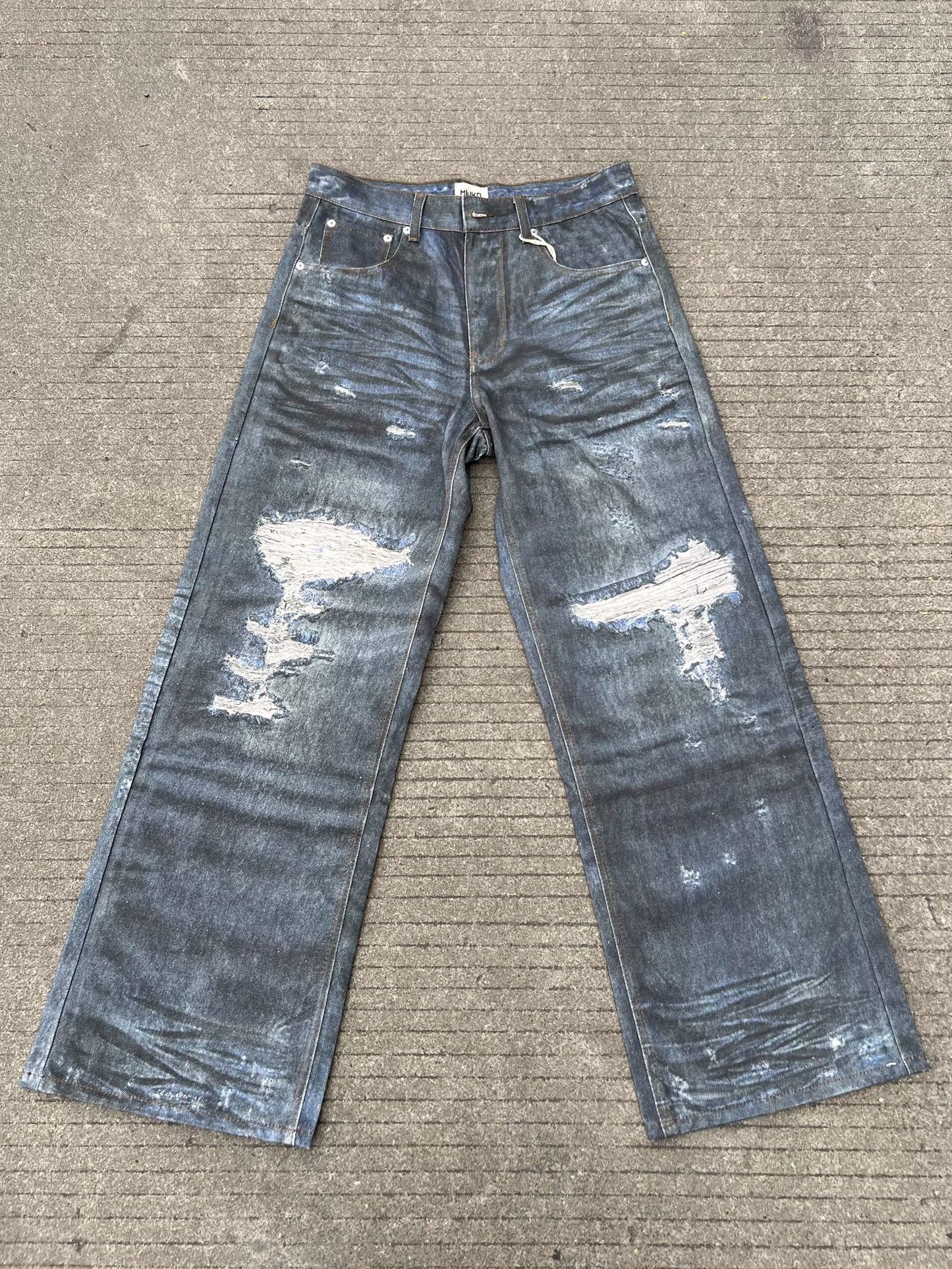 Damage Washed Wide Leg Denim Jeans WN24034