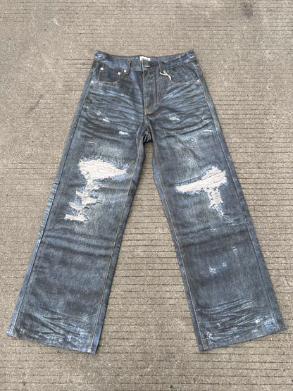 Damage Washed Wide Leg Denim Jeans WN24034