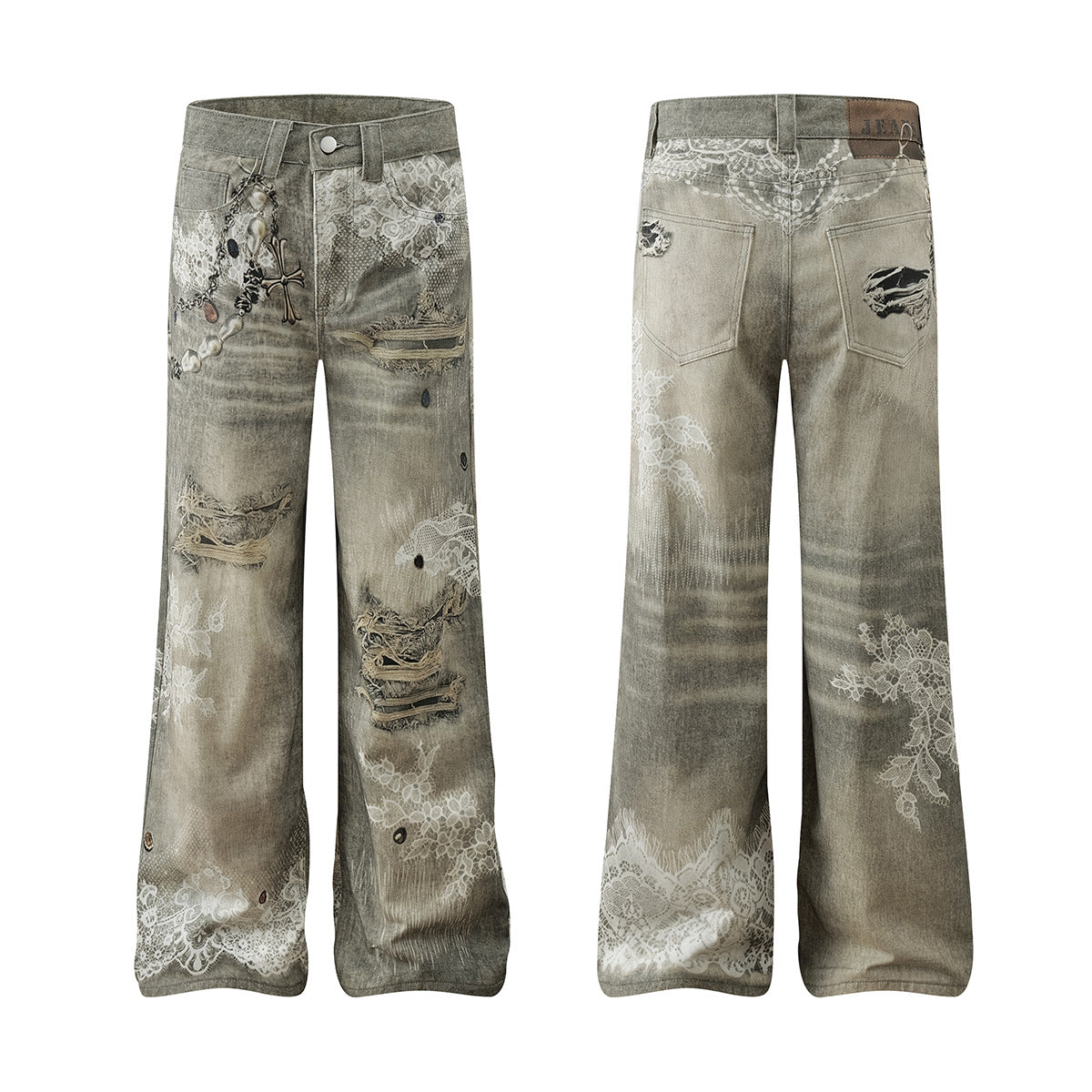 Lace Print Damage Washed Straight Denim Jeans WN18596