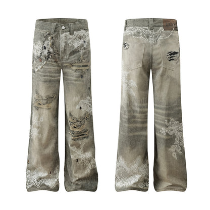 Lace Print Damage Washed Straight Denim Jeans WN18596