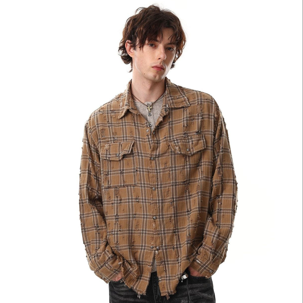 Plaid Damage Wash Long Sleeve Shirt WN25716