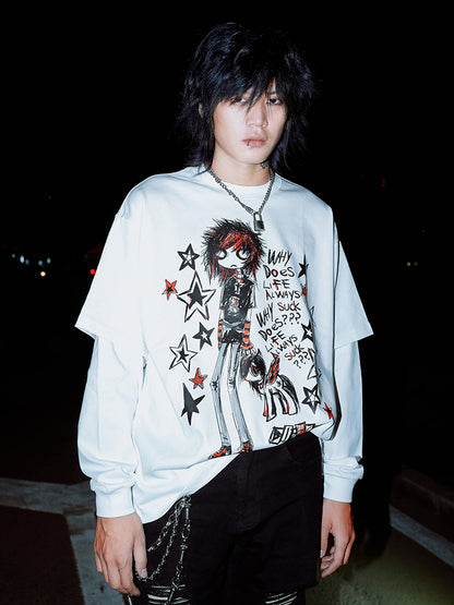 Hand-Drawn Anime-Inspired Fake Layered Long Sleeve T-Shirt WN16088