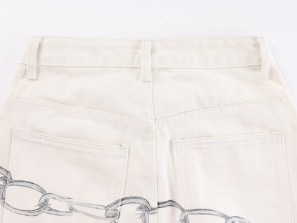 3D Chain Print Curved Wide Leg Denim Jeans WN27846