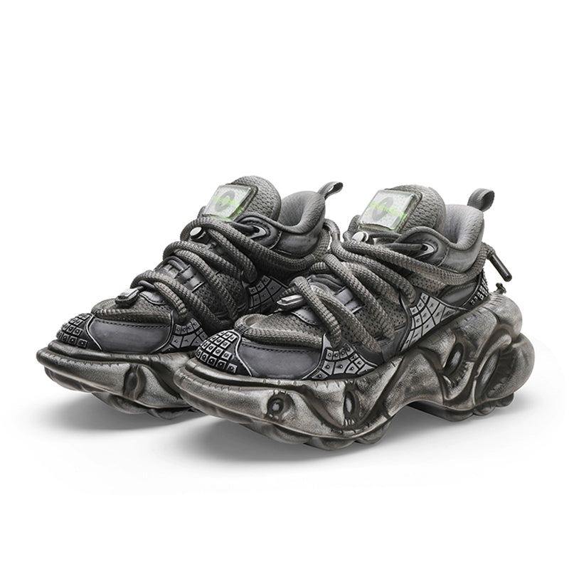 Studs Design Mesh Chunky Sole PU Leather Shoes WN19195