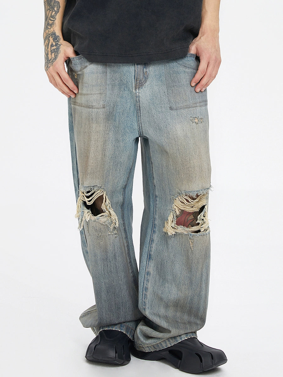 Oversize Damage Wash Wide-Leg Straight Denim Jeans WN12231