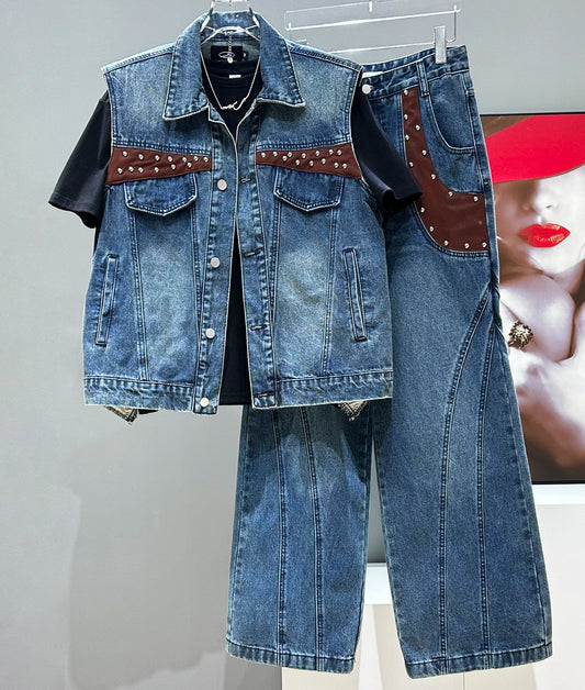 Washed Patchwork Denim Vest & Wide Leg Denim Jeans Setup WN23928
