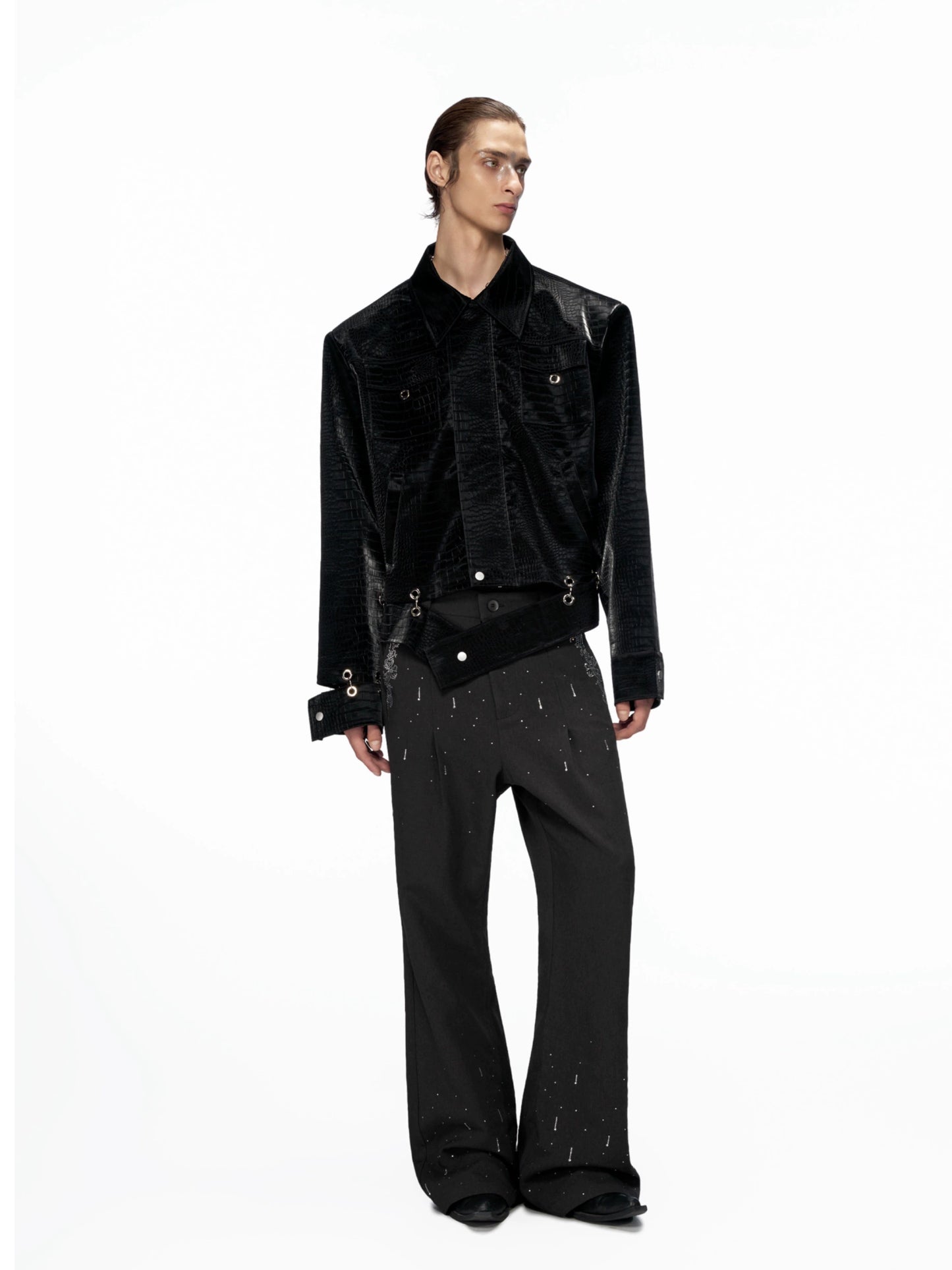 Crocodile Pattern Metal Panelled PU Leather Jacket WN20517