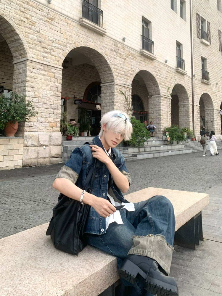 Patchwork Denim Short Sleeve Jacket & Wide Leg Denim Jeans Setup WN19803