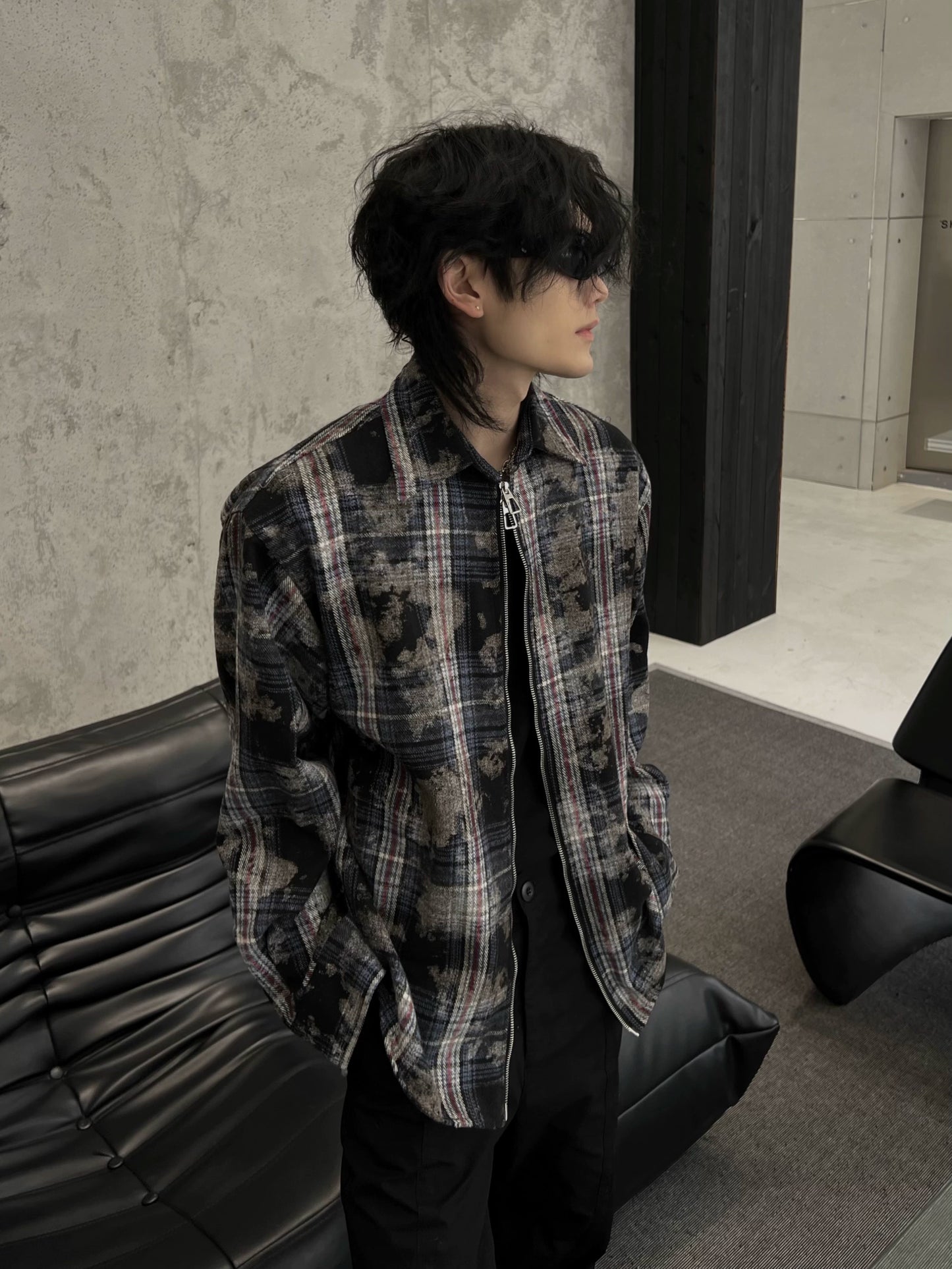 Splashed Plaid Zipper Long Sleeve Shirt Jacket WN10755